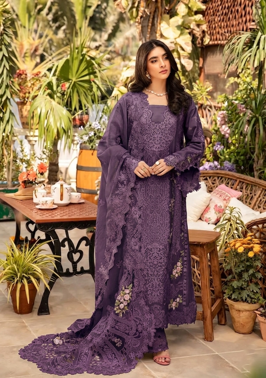 NFS-628 | Elaf Heavy Embroidered 3Pc Lawn Dress (B)