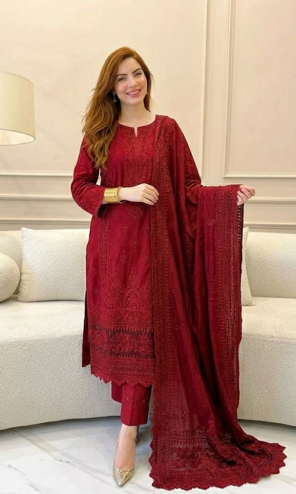 NFS-4142 | Batik Heavy Embroidered Dhanak 3 Piece Dress