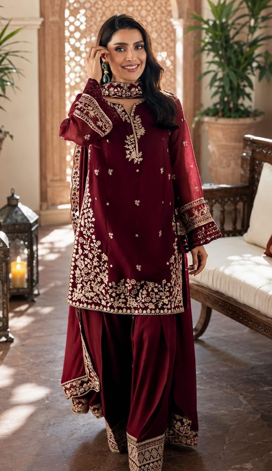 NFS-118 | Azure Heavy Embroidered Dhanak 3 Piece Dress