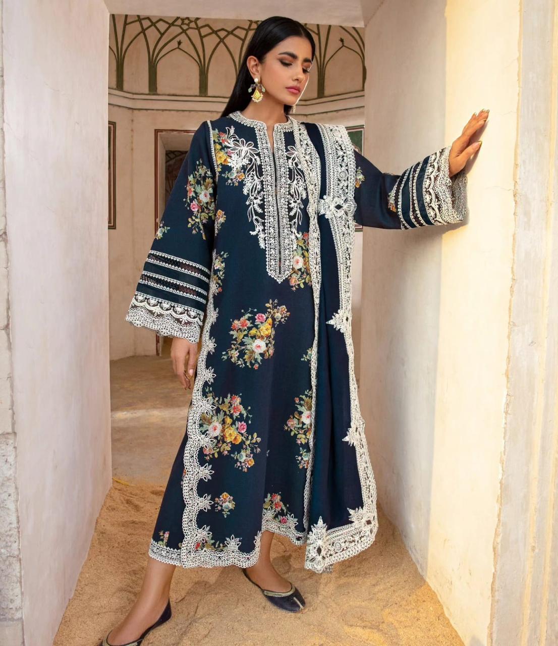 NFS-1681 | Crimson Heavy Embroidered Dhanak 3 Piece Dress