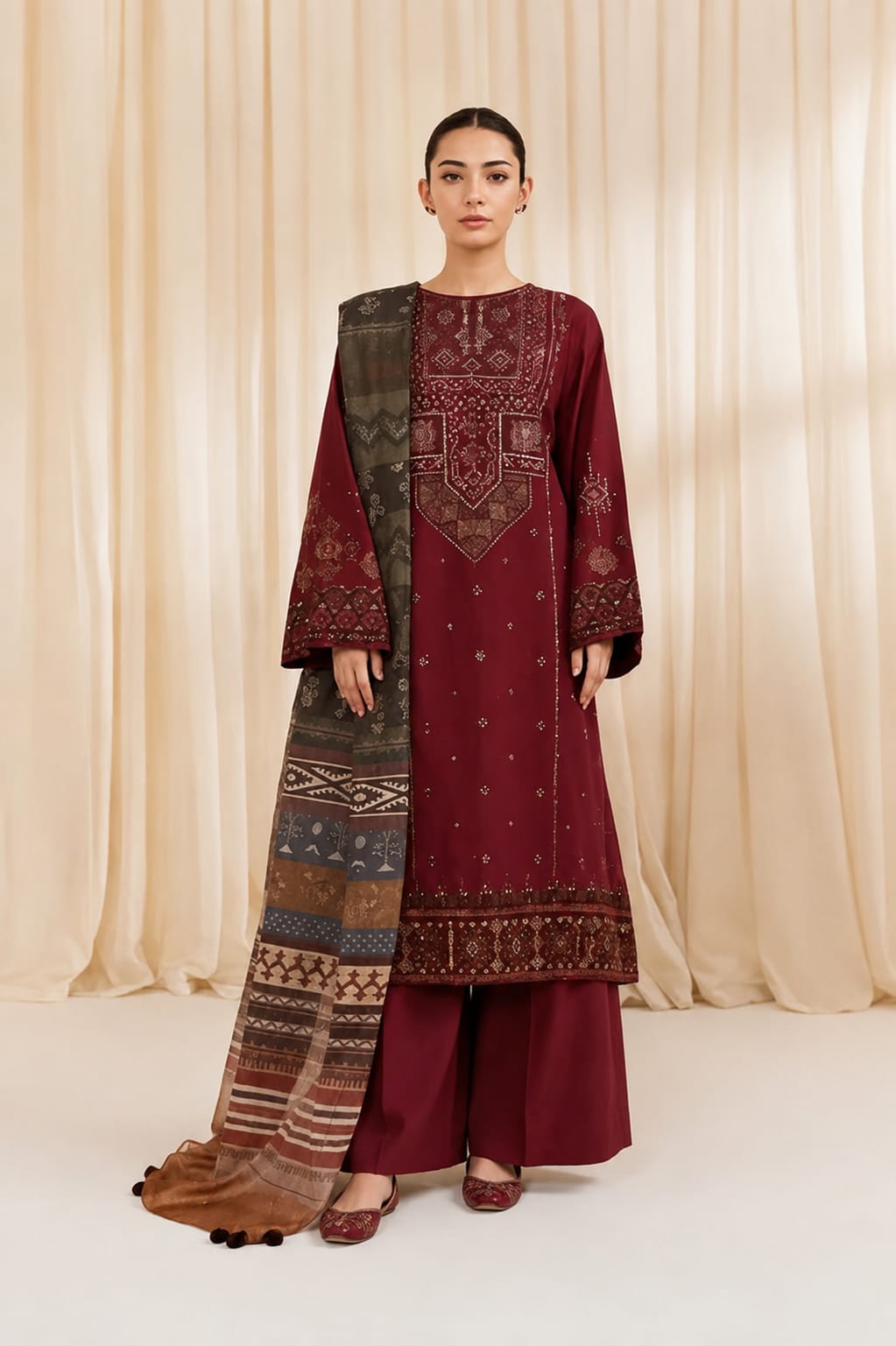 NFS-1683 | Sapphire Heavy Embroidered Dhanak 3 Piece Dress (A)