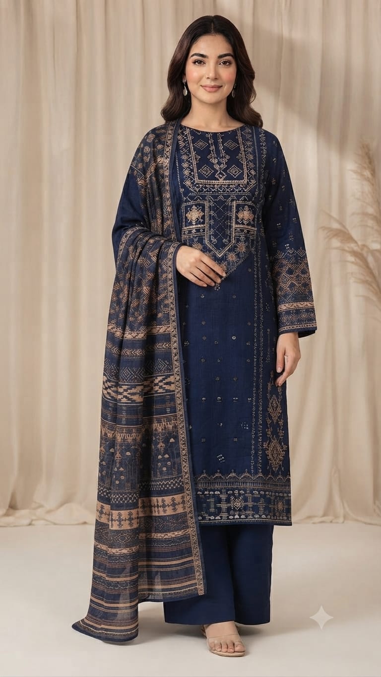 NFS-1683 | Sapphire Heavy Embroidered Dhanak 3 Piece Dress (B)