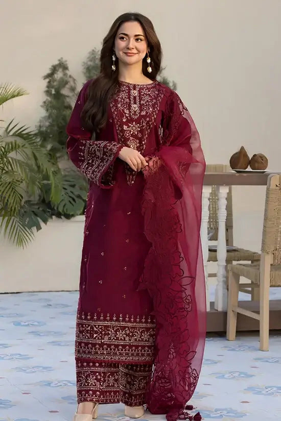 NFS-5210 | Qalamkar Heavy Embroidered Dhanak 3 Piece Dress